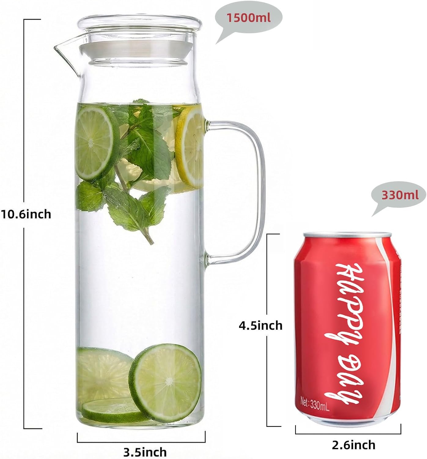 hjn Glass Pitcher with Lid Glass Water Carafe with Handle, Fridge Water Jug Cold or Hot Beverages, Iced Tea, Milk, Juice 1500ml/51oz & glass lid